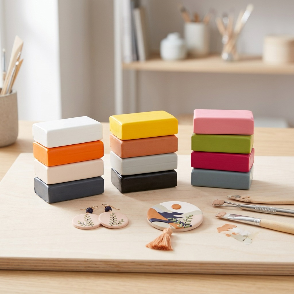 A photo of 12 natural-tone polymer clay blocks in a crafting environment.