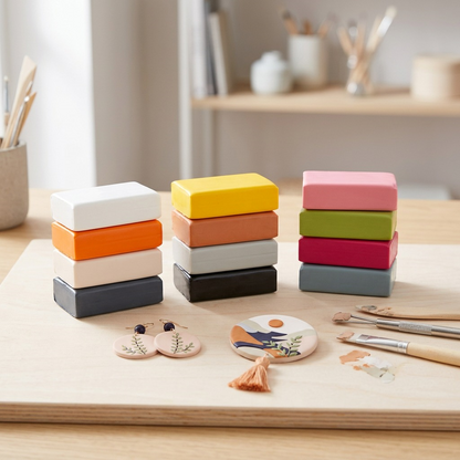 A photo of 12 natural-tone polymer clay blocks in a crafting environment.