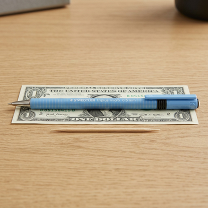 The light blue STAEDTLER mechanical pencil is shown horizontally for size comparison alongside a standard dollar bill and a toothpick on a wood desk.