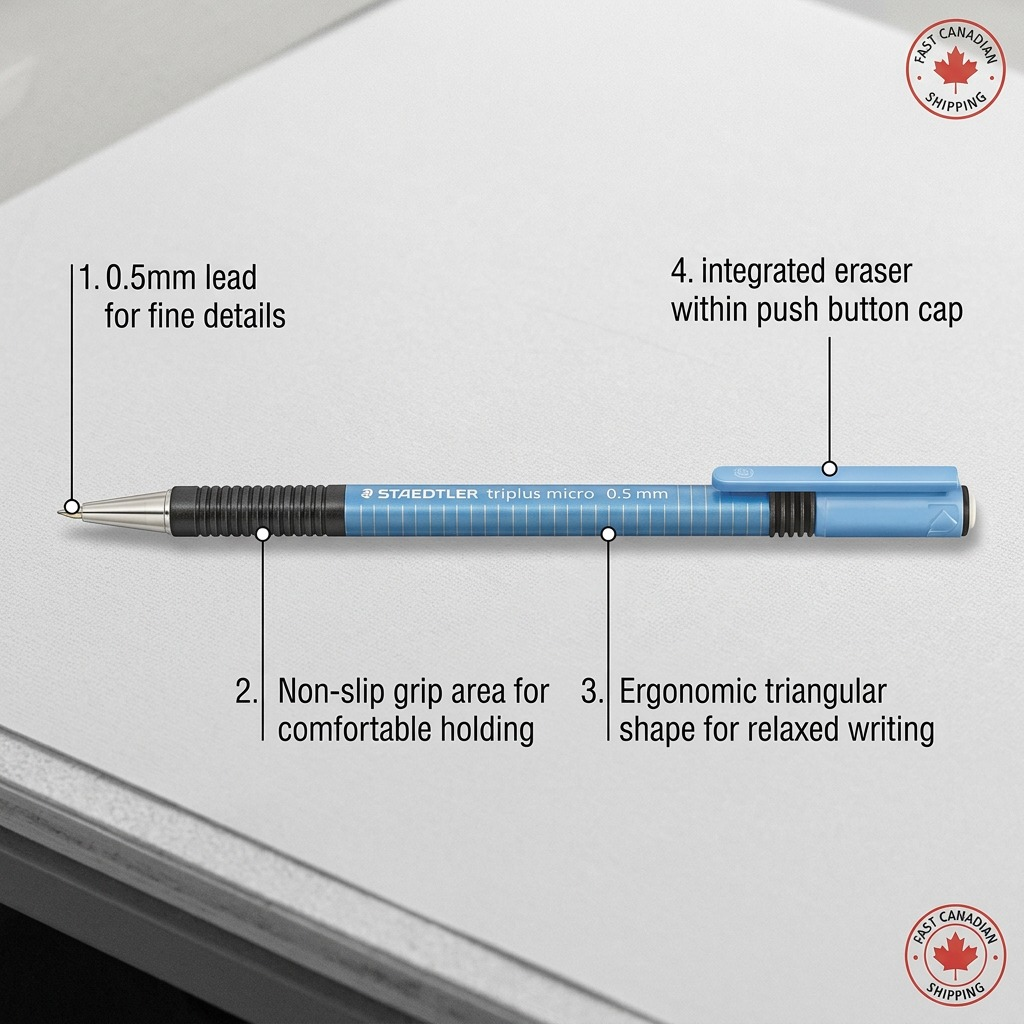 Product graphic with feature callouts highlighting the key benefits of the STAEDTLER mechanical pencil.