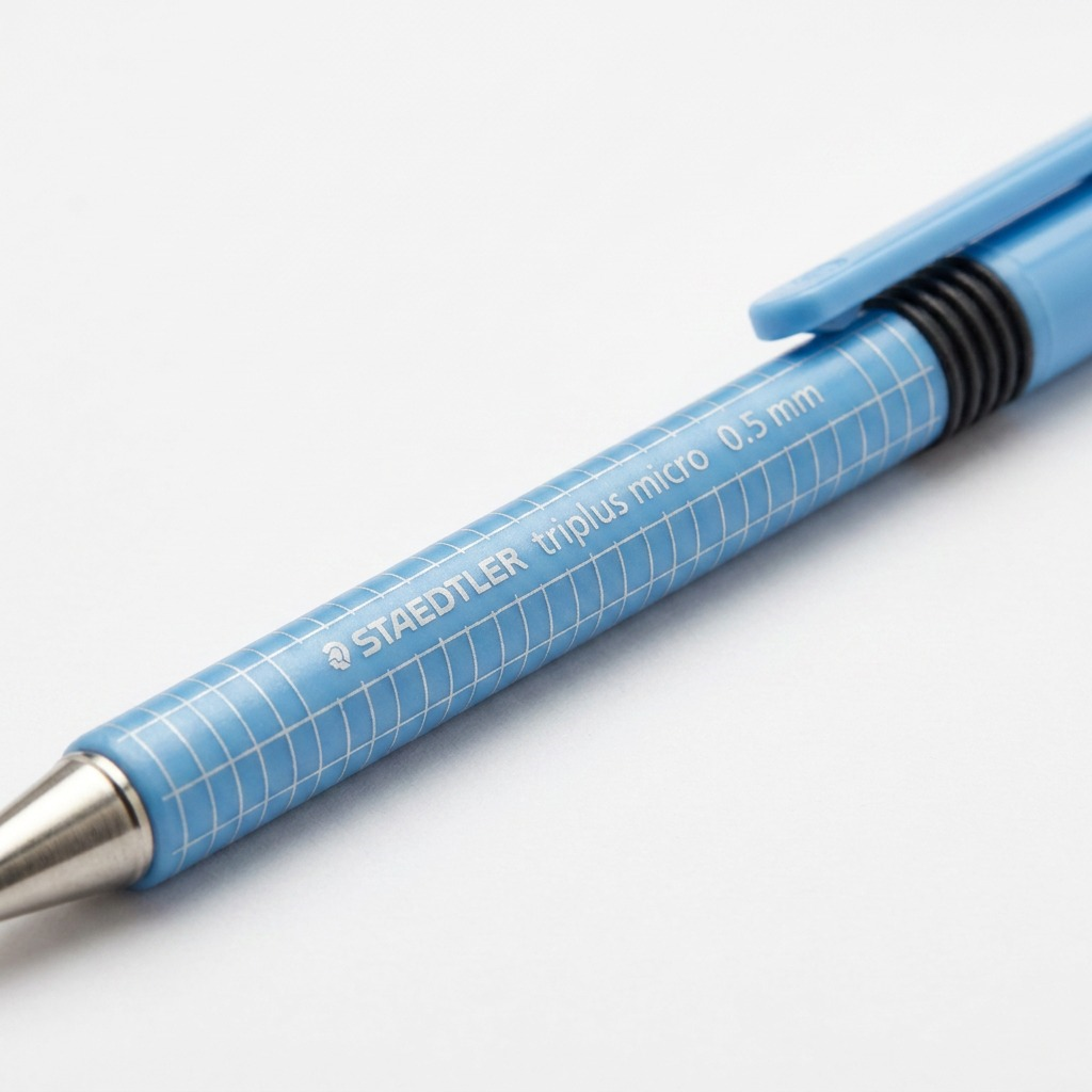 A close-up photograph of the STAEDTLER triplus micro 0.5mm mechanical pencil barrel, highlighting textures and text.