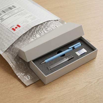 A premium unboxing visual showing the 0.5mm triplus micro mechanical pencil (SKU: 7742530A6) safely delivered.