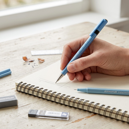 Lifestyle shot of a STAEDTLER triplus micro 0.5mm blue pencil being used to sketch on paper.