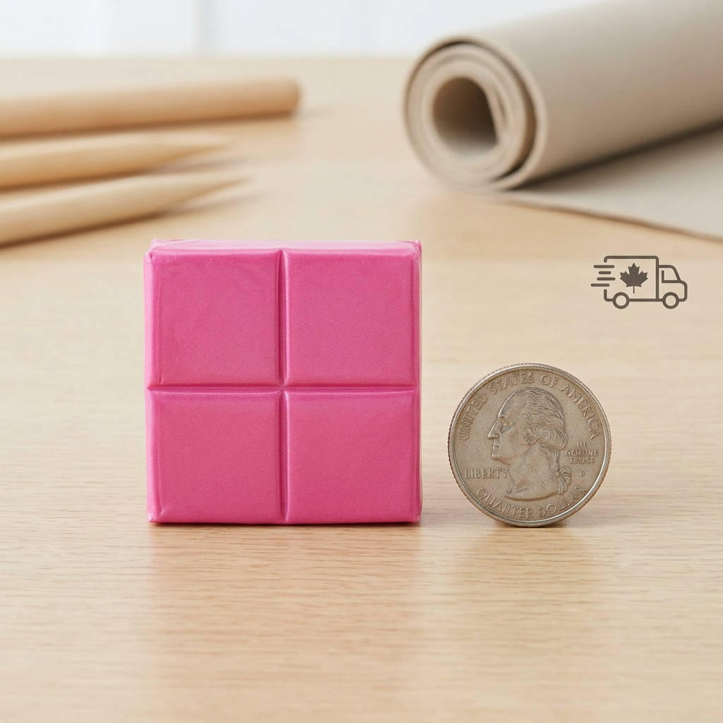 An open block of Ruby Quartz Fimo Effect clay sits on a craft mat next to a US quarter.