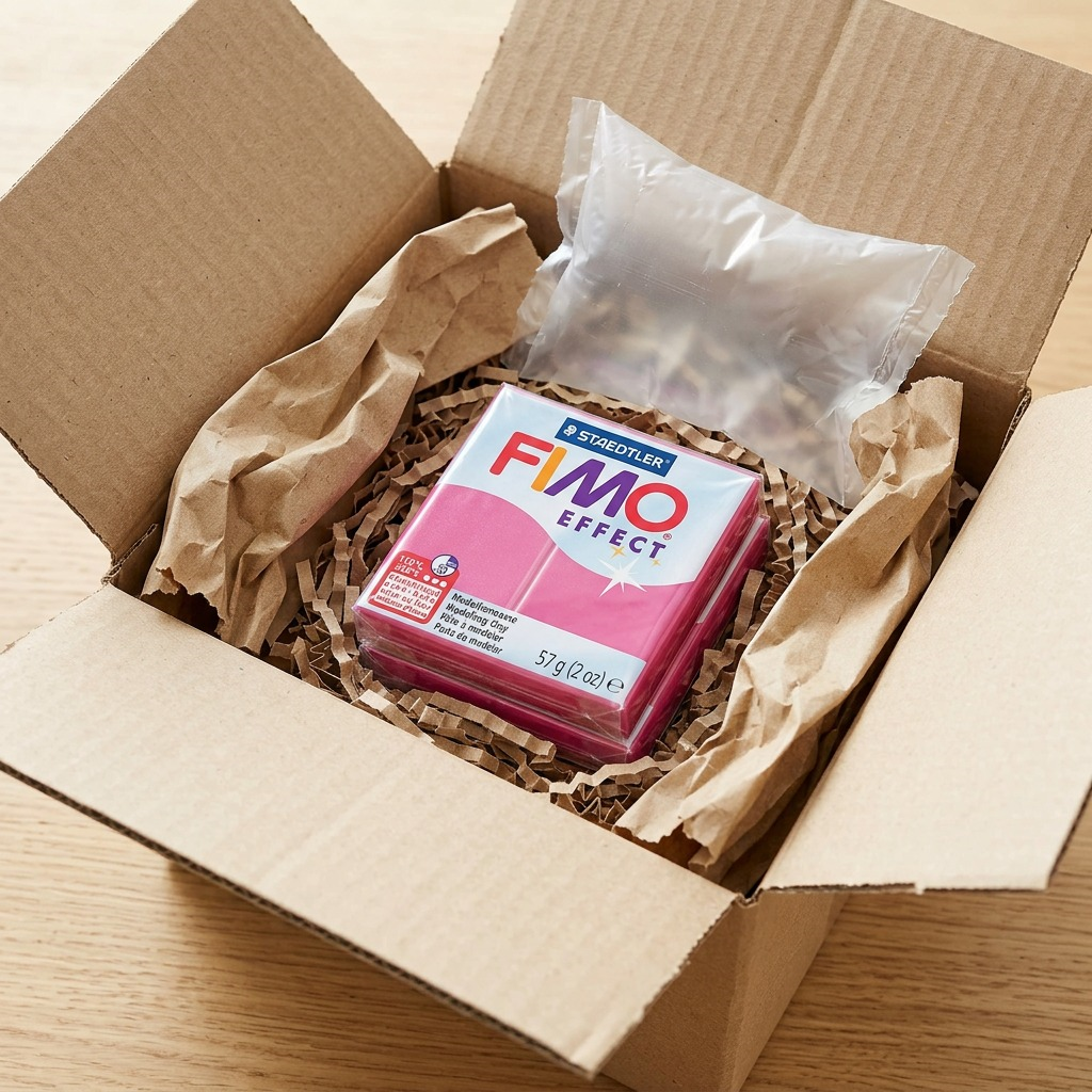 Close-up photo of Fimo Effect Ruby Quartz in a protective, neutral shipping box.