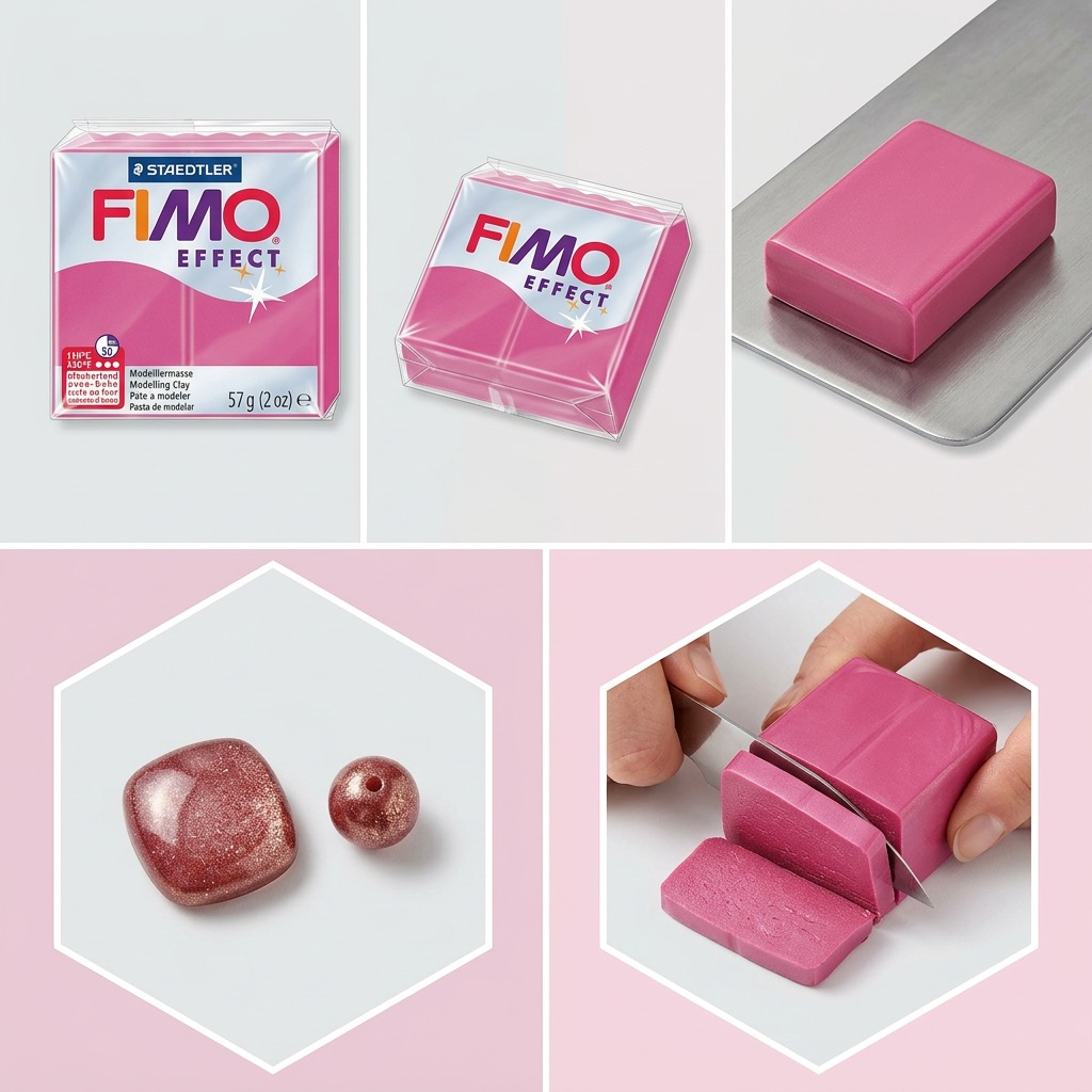 A 3x2 matrix of FIMO Effect Ruby Quartz clay, featuring product shots and illustrations of its metallic effect.