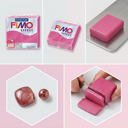 A 3x2 matrix of FIMO Effect Ruby Quartz clay, featuring product shots and illustrations of its metallic effect.