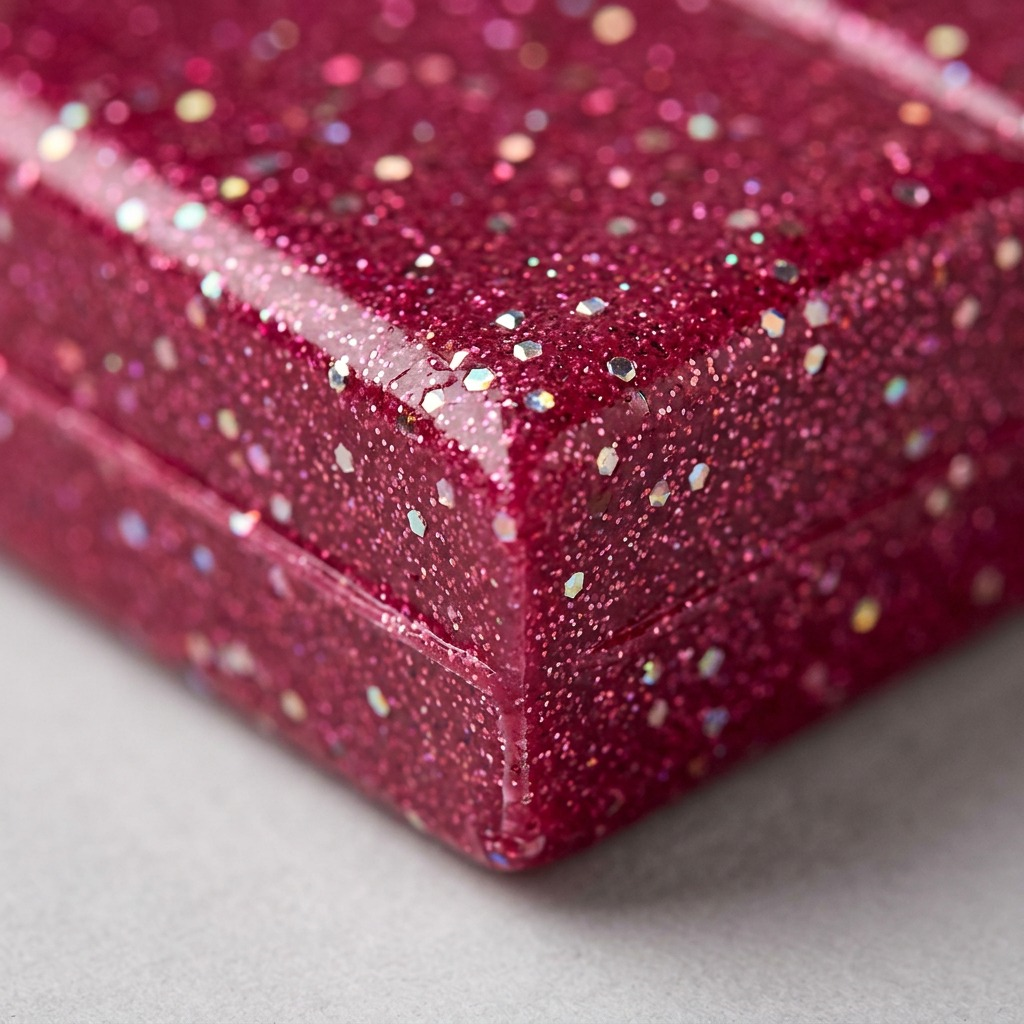 Macro view of a corner of the pink FIMO effect glitter clay block, showing detailed particle texture.