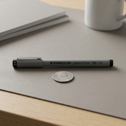 Scale reference photo of the STAEDTLER Fineliner 1,0mm (308-10-9-35) on a desk with a known object.