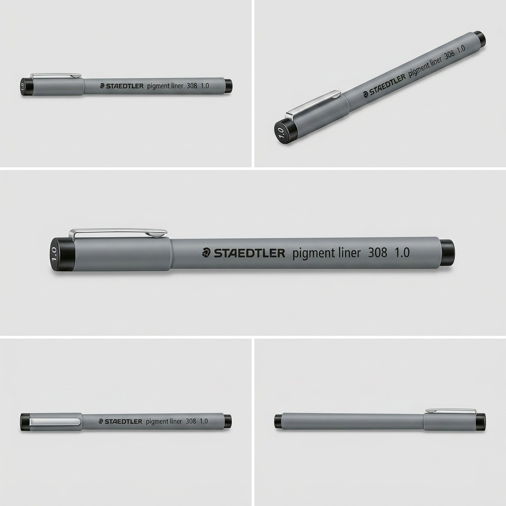 An ecommerce matrix grid displaying the STAEDTLER Pigment Liner 308 1.0 from four angles: top profile, bottom profile, angled head view, and top-down overhead view.