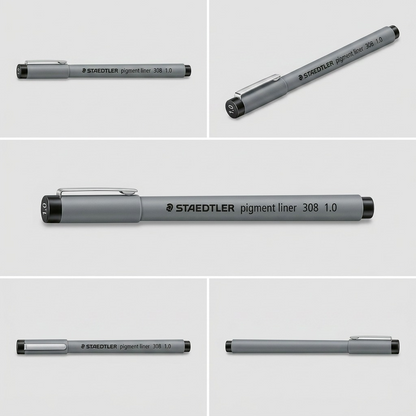 An ecommerce matrix grid displaying the STAEDTLER Pigment Liner 308 1.0 from four angles: top profile, bottom profile, angled head view, and top-down overhead view.