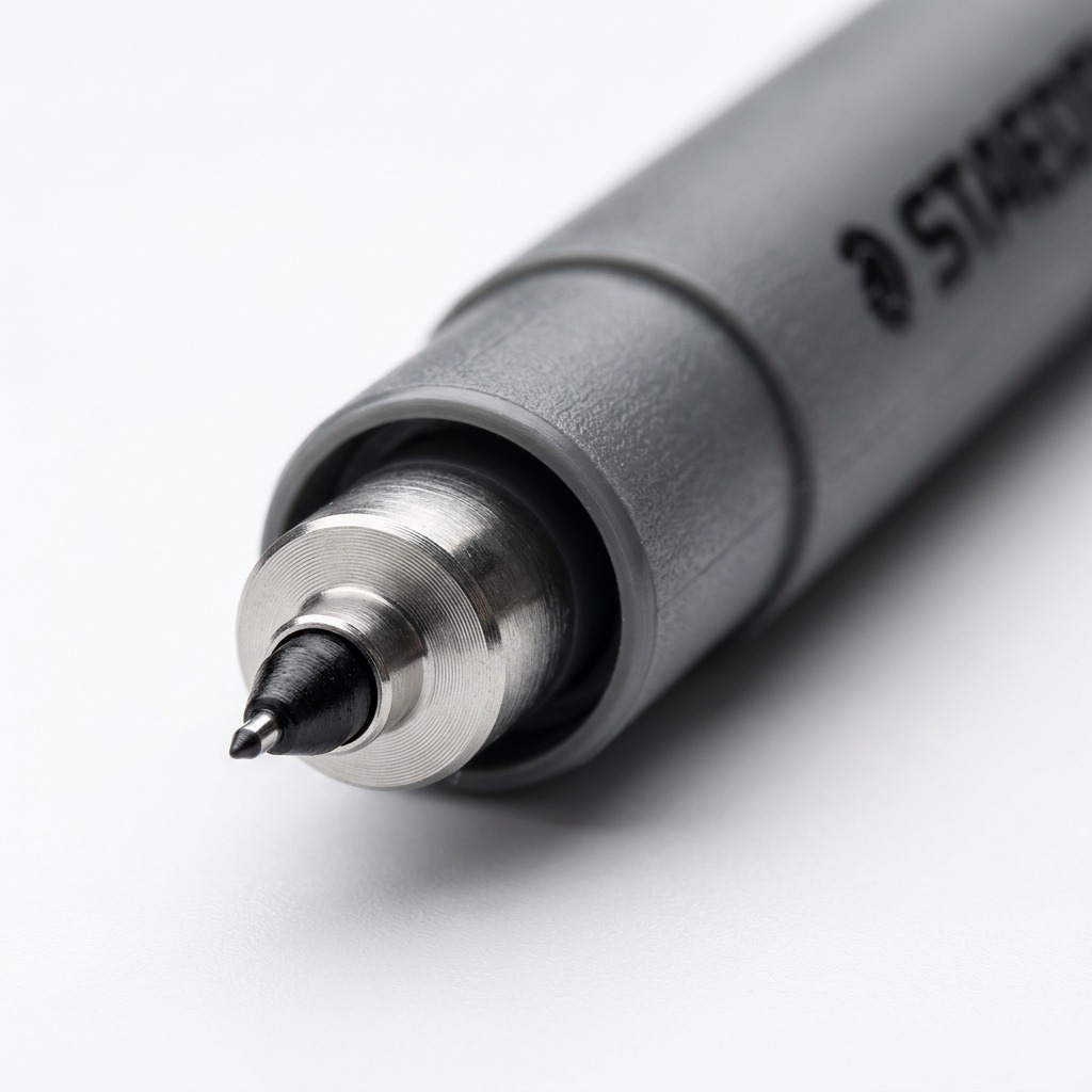 Macro close-up capturing the 1.0mm tip and metal ferrule of the STAEDTLER Fineliner.