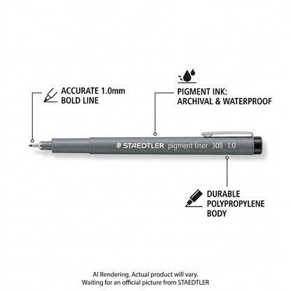Feature callout graphic for STAEDTLER Fineliner Pigment Liner 1,0Mm Black with precise 1.0mm tip and archival, waterproof pigment ink. Durable polypropylene body is also highlighted.