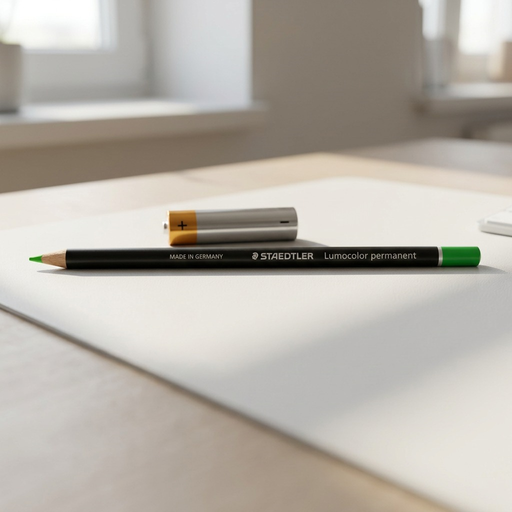 A close-up view of the green Lumocolor dry marker sitting on a wooden desk next to a standard AA battery for scale.