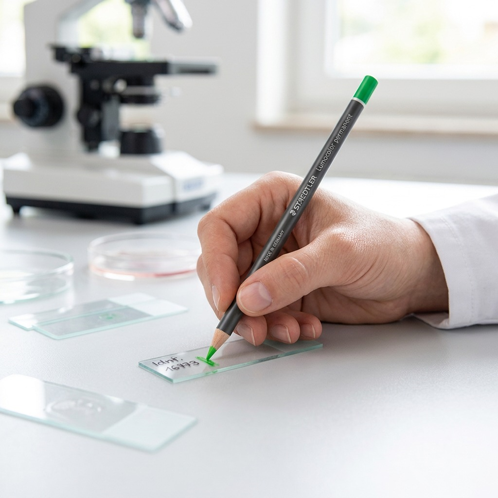 A macro photo shows a person in a lab coat using the green glasochrom dry marker to write on a microscope slide in a laboratory setting.
