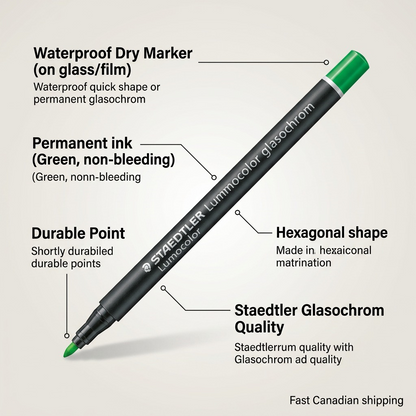 E-commerce feature callout graphic detailing key functions of the STAEDTLER permanent glasochrom dry marker - Green.