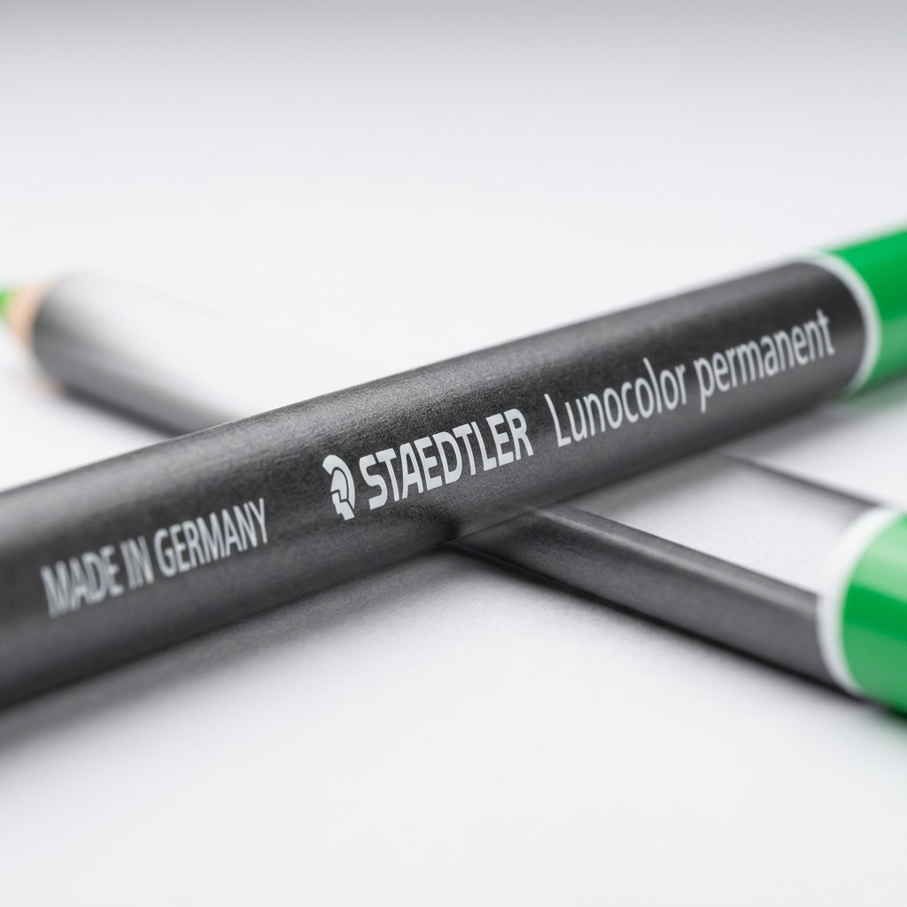 Macro detail captures STAEDTLER branding on two green Lumocolor permanent pencils, emphasizing quality.