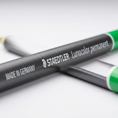 Macro detail captures STAEDTLER branding on two green Lumocolor permanent pencils, emphasizing quality.