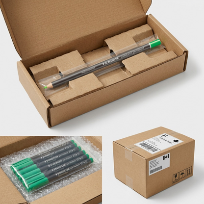 A collage illustrating the secure packaging and unboxing process for STAEDTLER markers in Canada.