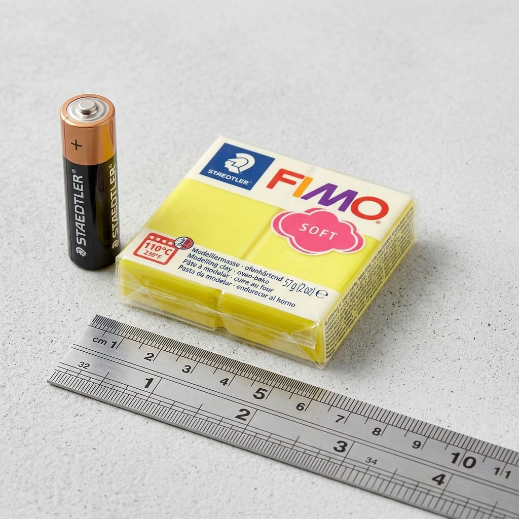 STAEDTLER FIMO Soft Lemon Yellow 57g block shown for scale next to an AA battery and a metal ruler.