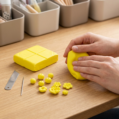Hands kneading STAEDTLER FIMO Soft Lemon Yellow clay on a desk with sculpted beads and flowers.