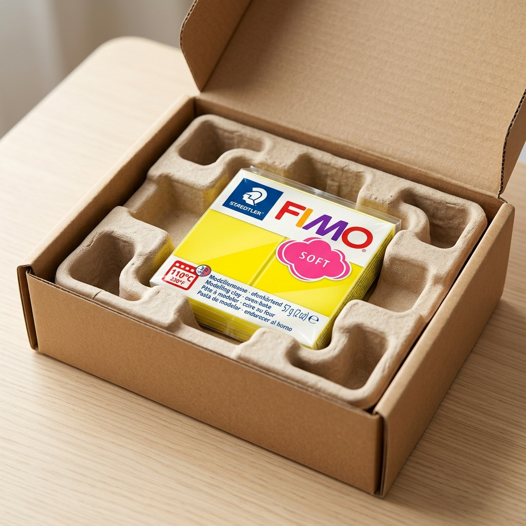 STAEDTLER FIMO Soft Lemon Yellow clay block securely packed in a protective cardboard shipping box.