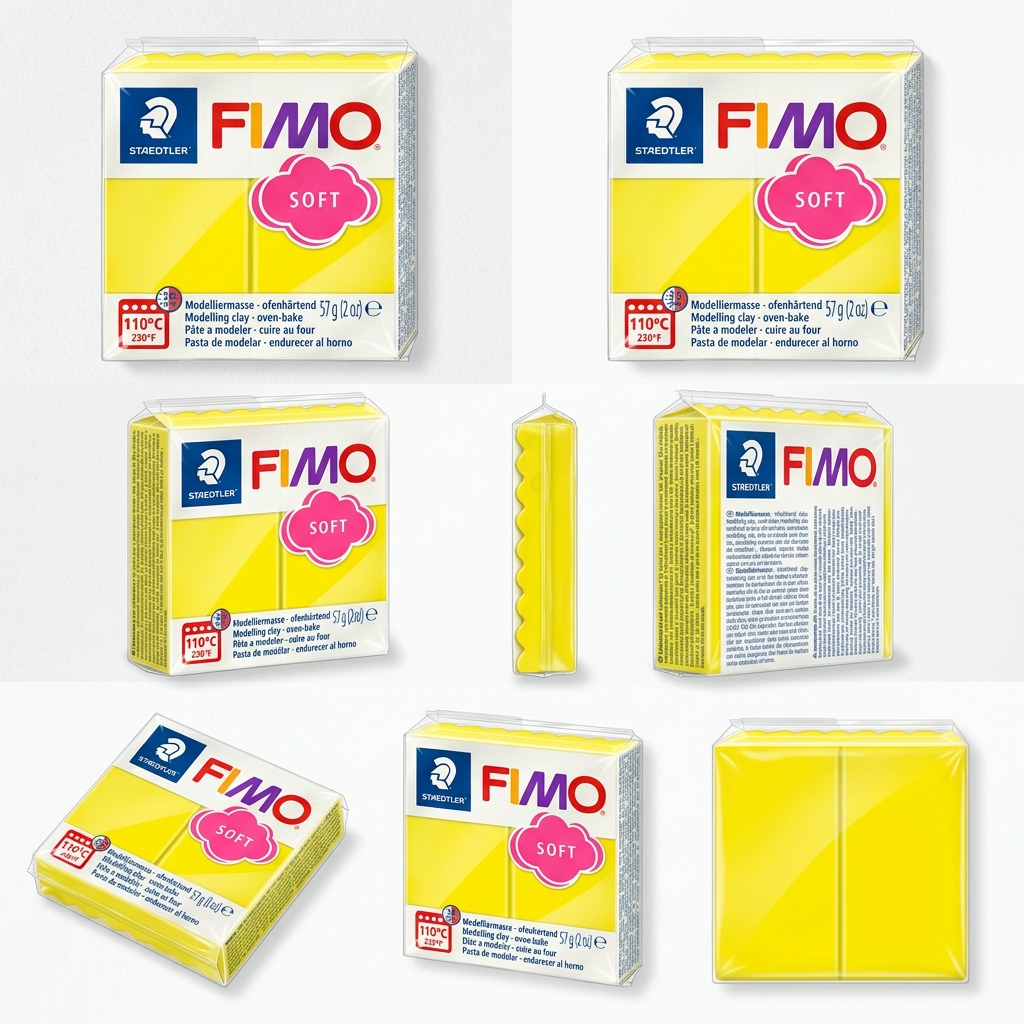 Multiple views of STAEDTLER FIMO Soft Lemon Yellow 57g modelling clay showing package angles.