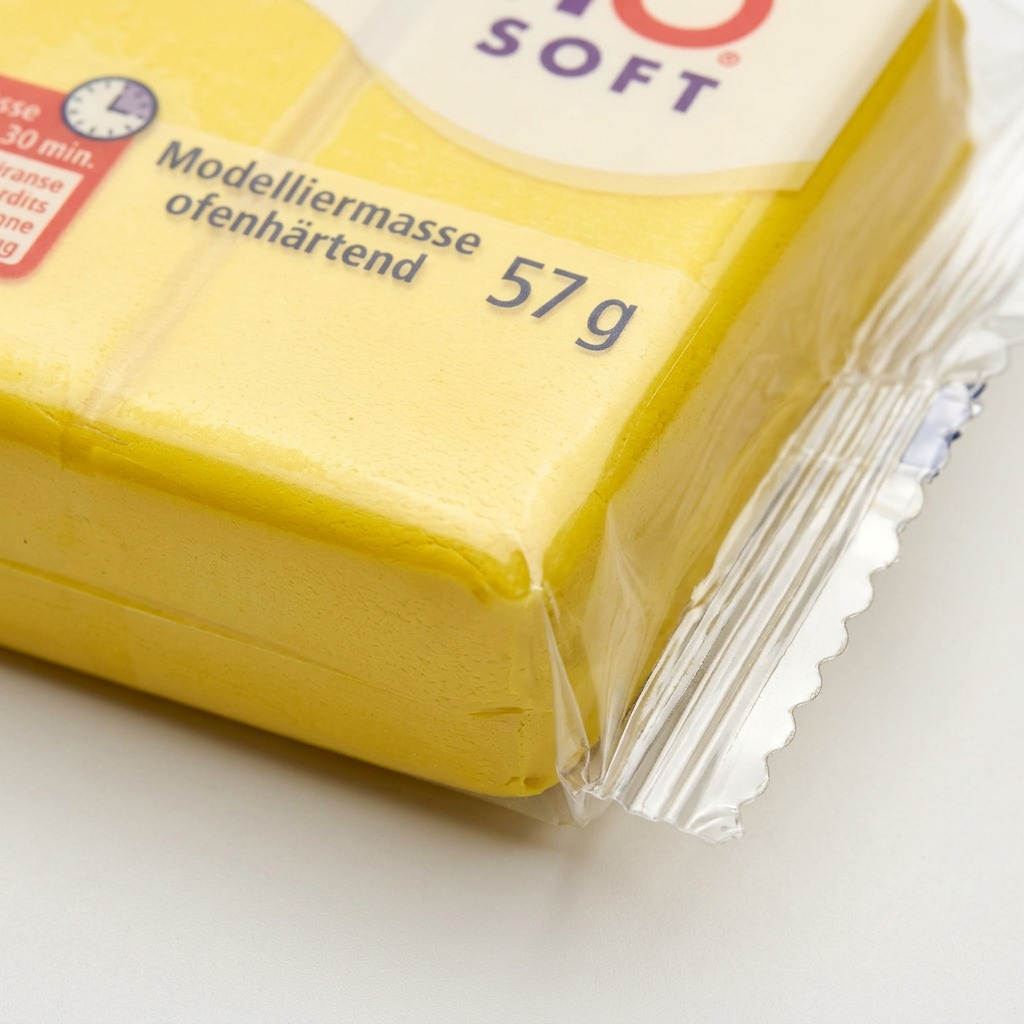 Extreme close-up of a 57g lemon yellow STAEDTLER FIMO Soft clay block in its plastic packaging.