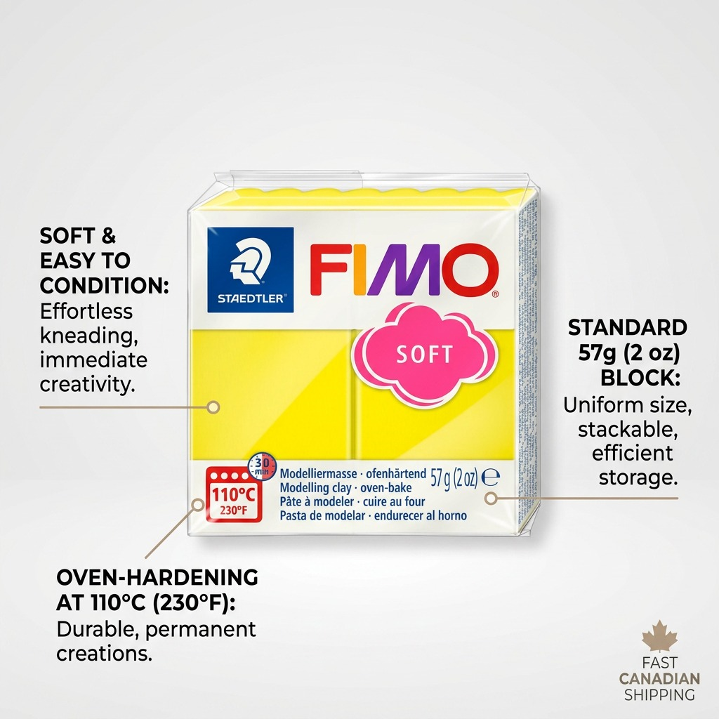 STAEDTLER FIMO Soft Lemon Yellow 57g block with feature callouts for oven-hardening and texture.