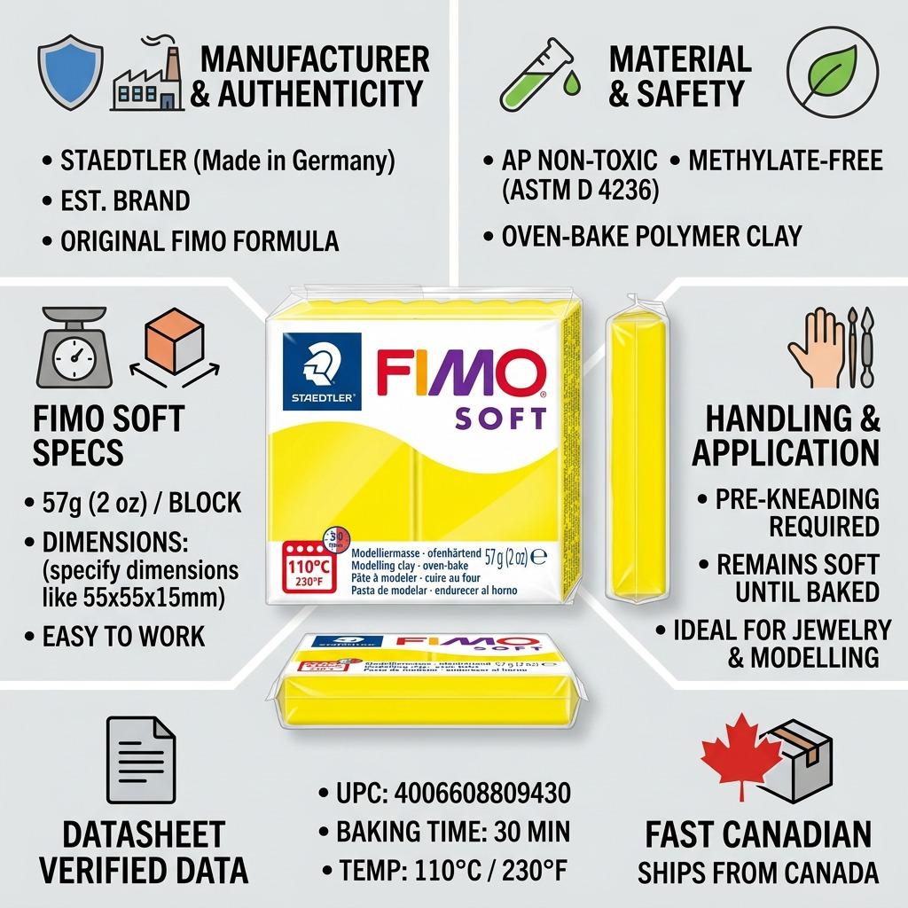 Infographic for STAEDTLER FIMO Soft Lemon Yellow clay featuring product specs and safety data.