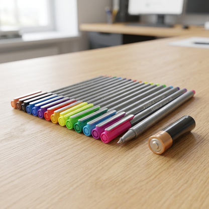 A set of 42 colorful fineliner pens on a wooden desk next to an AA battery for size reference.