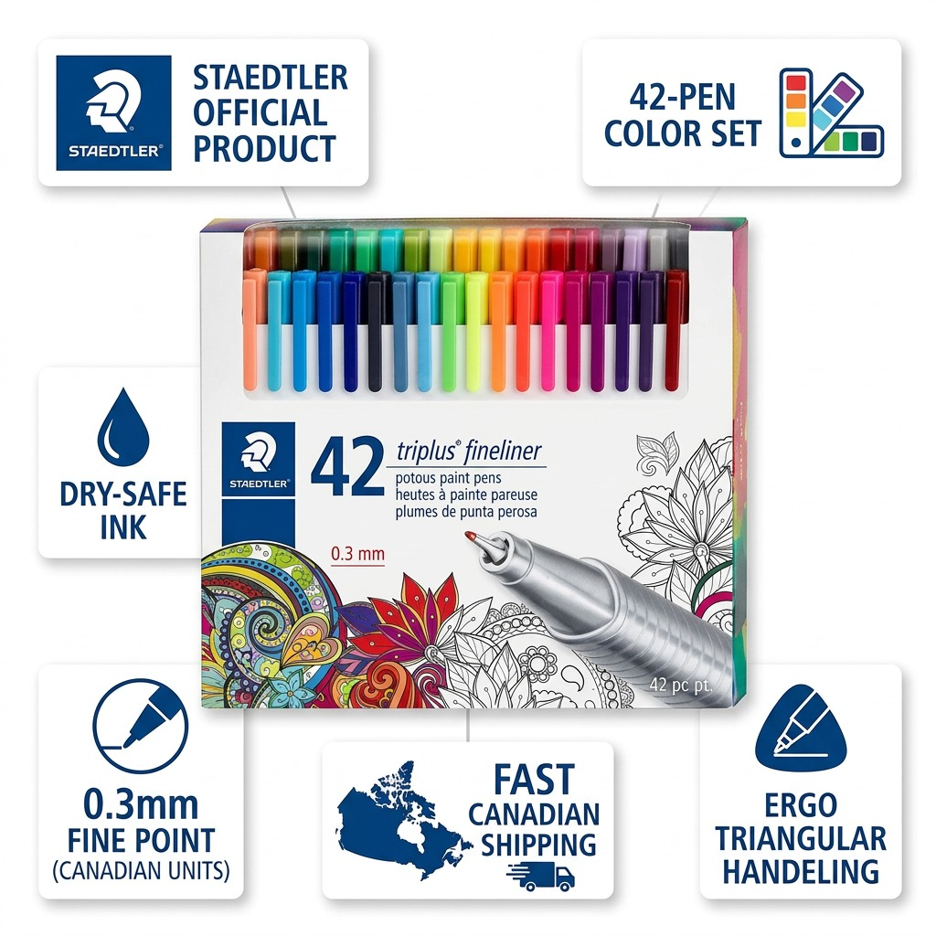 Trust infographic for STAEDTLER triplus fins, 42-pen set; showing dry-safe, ergonomic, fast Canadian shipping.