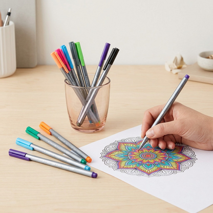 A lifestyle image showing individual STAEDTLER triplus finsliners being used to color a mandala.