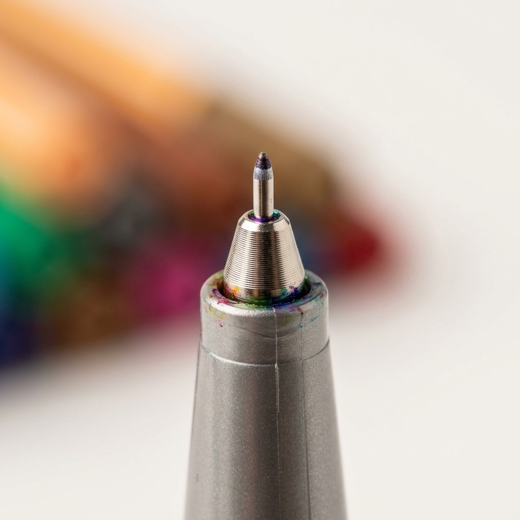 Extreme macro close-up of the metal-clad 0.3mm fineliner tip on a neutral background.
