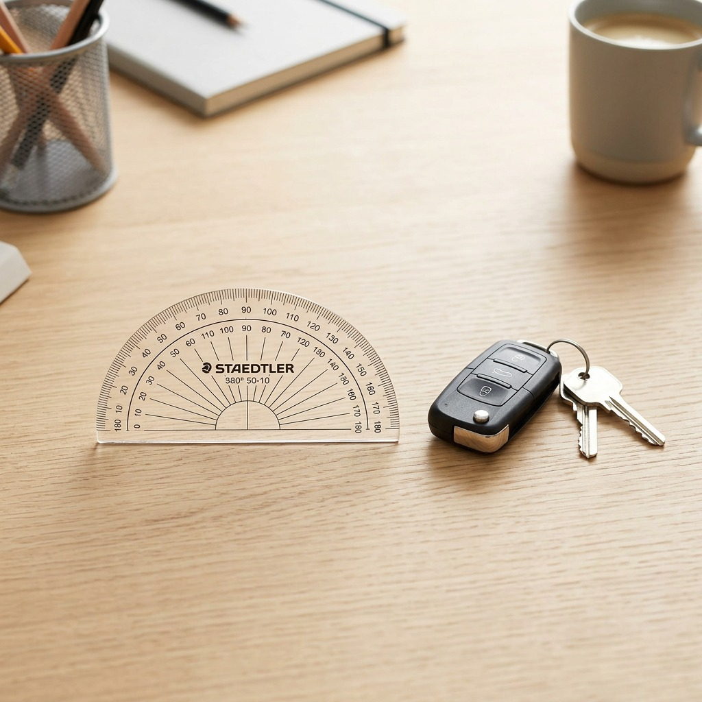 A close-up photograph of a STAEDTLER protractor and a set of keys on a plain wooden table.