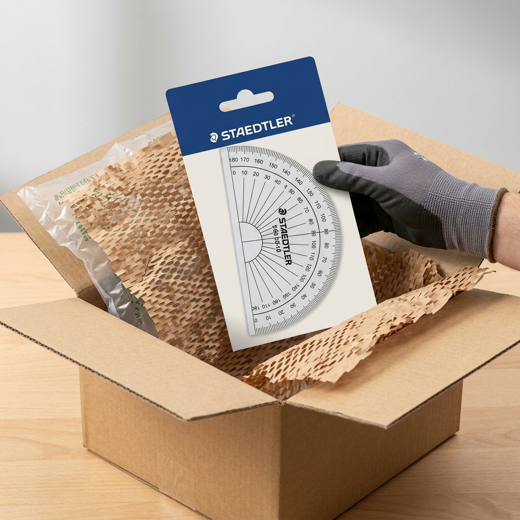 A premium unboxing scene shows the STAEDTLER protractor in its original packaging safe within layers of recyclable, padded shipping material.