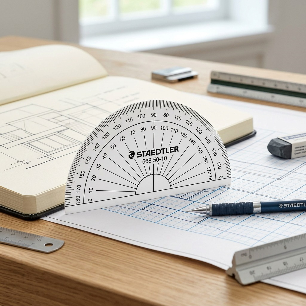A close-up photograph of a STAEDTLER protractor being used on an open design notebook with architectural sketches, lit by natural daylight.