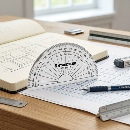 A close-up photograph of a STAEDTLER protractor being used on an open design notebook with architectural sketches, lit by natural daylight.