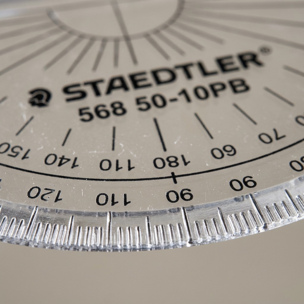 Macro close-up of precise milled clear degree markings on the STAEDTLER protractor.