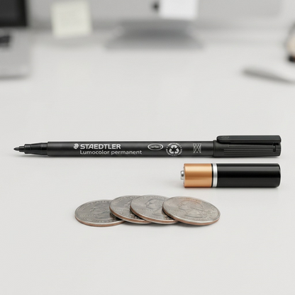 Scale comparison: A black Staedtler permanent marker next to a AA battery and US quarter coins.