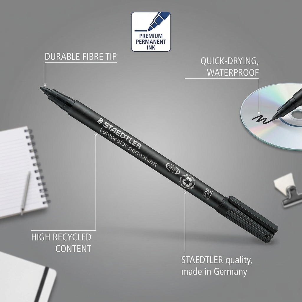 An ecommerce product infograph showing the Staedtler 317-9 Lumocolor permanent marker with feature callouts for durable fibre tip, quick-drying waterproof ink, high recycled content, and made in Germany quality.