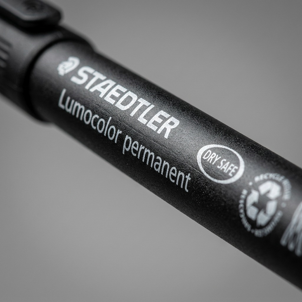 Macro view of the STAEDTLER permanent marker barrel showing clean branding and recycling symbols.