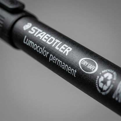 Macro view of the STAEDTLER permanent marker barrel showing clean branding and recycling symbols.