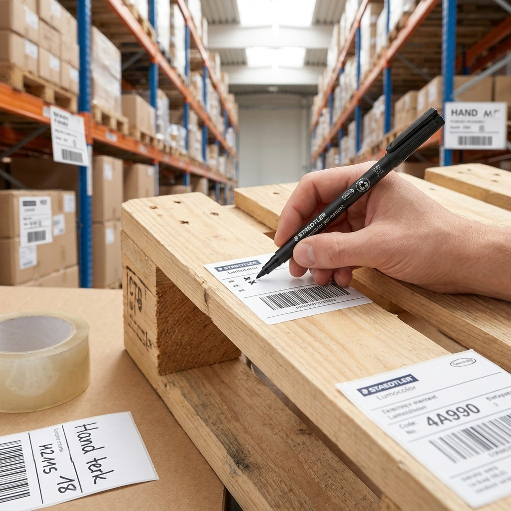 A STAEDTLER permanent marker makes small marks on a wooden shipping pallet label, demonstrating its use for industrial applications in a bright logistics warehouse.