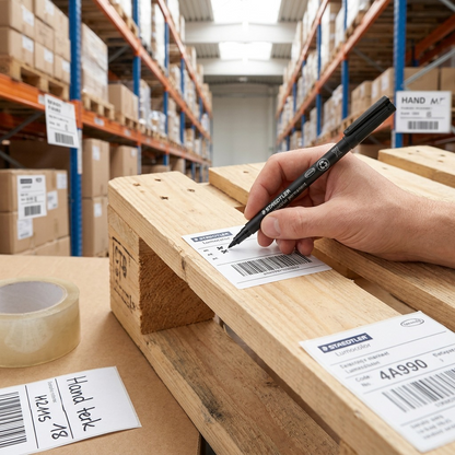 A STAEDTLER permanent marker makes small marks on a wooden shipping pallet label, demonstrating its use for industrial applications in a bright logistics warehouse.