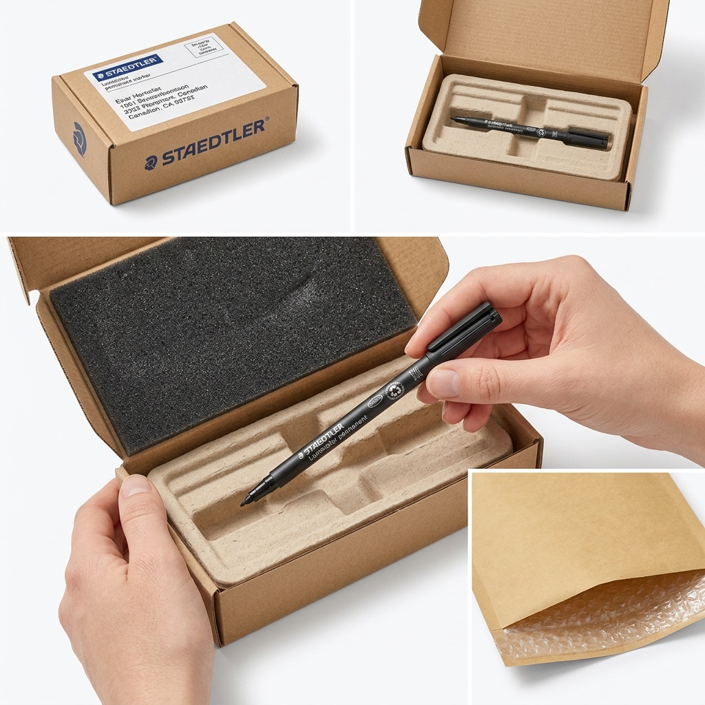 A series of high-resolution images showing the STAEDTLER permanent marker securely packed and then unboxed from protective materials.