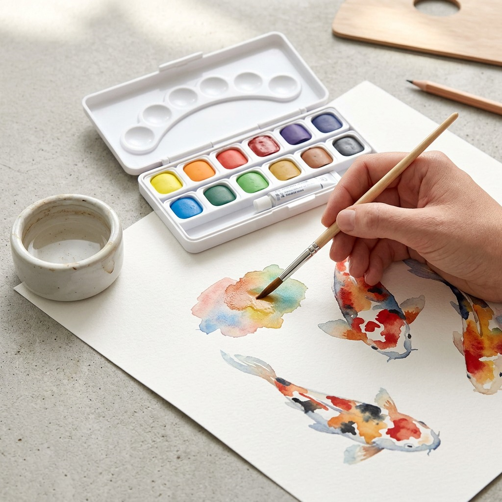 Close-up photo of the open STAEDTLER watercolor set and brush on watercolor paper with a koi fish painting in progress.
