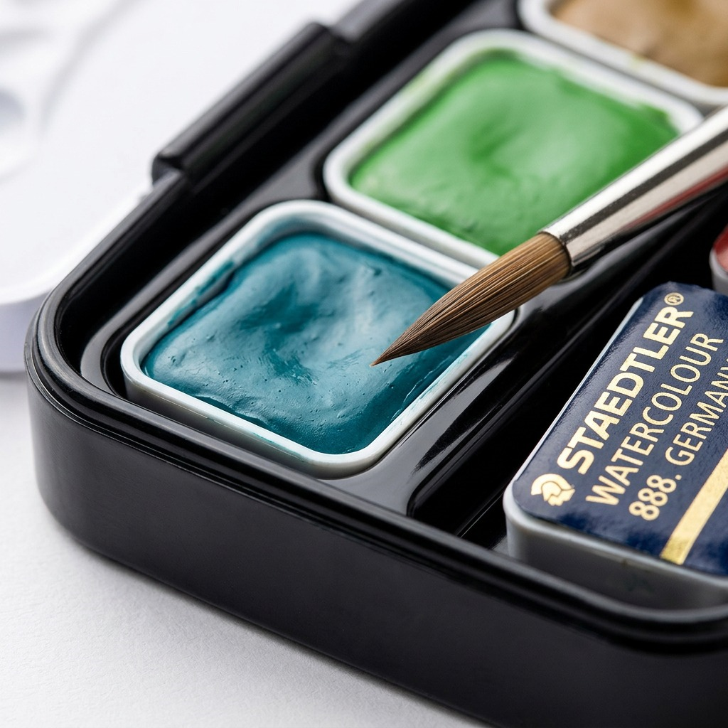 A macro photo of the individual Staedtler 888-C12A602 watercolor paint pans, showing color gradients and the fine brush tip.