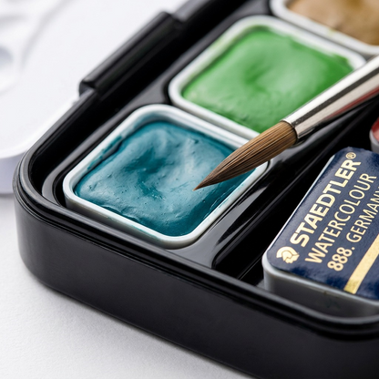 A macro photo of the individual Staedtler 888-C12A602 watercolor paint pans, showing color gradients and the fine brush tip.