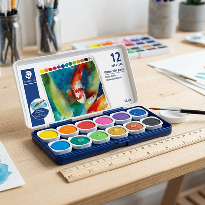 A photograph of the STAEDTLER watercolour paint set, open on a desk, next to a 30cm ruler.